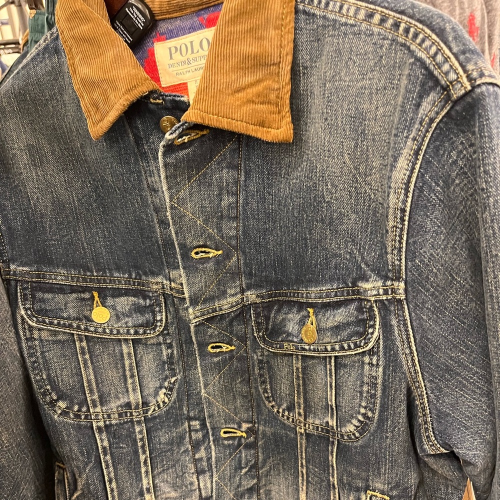 Polo denim jacket Aztec printed interior corduroy collar in tan